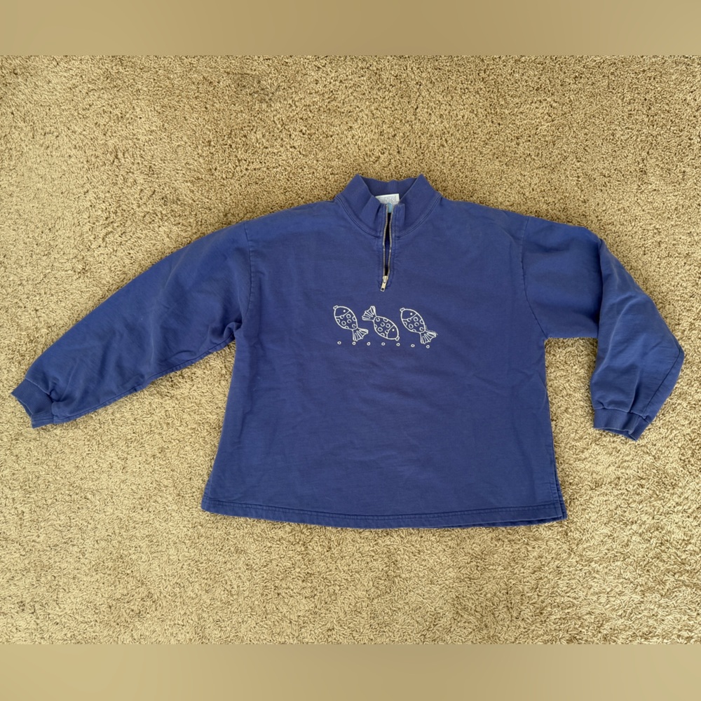 Blue 1/4 Zip Pullover Sweater with Fish Design by Fresh Produce